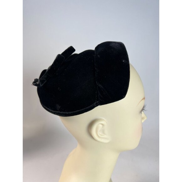 Vintage Black Velvet Womens Pillbox Hat With Bow Accent - Picture 12 of 12